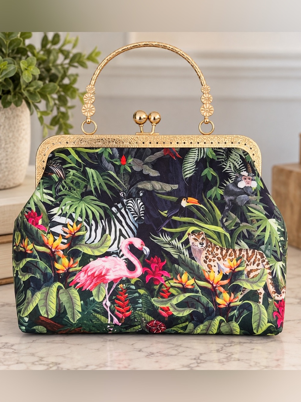 Tropical Jungle Print Kiss-Lock Frame Handbag – Excellent Condition